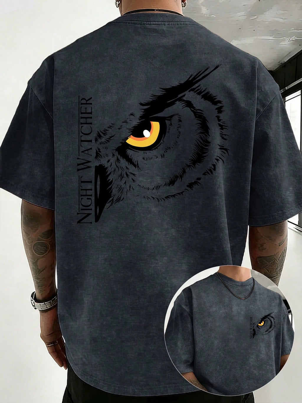 Men's short-sleeved t-shirt with owl, snow, and night patrol