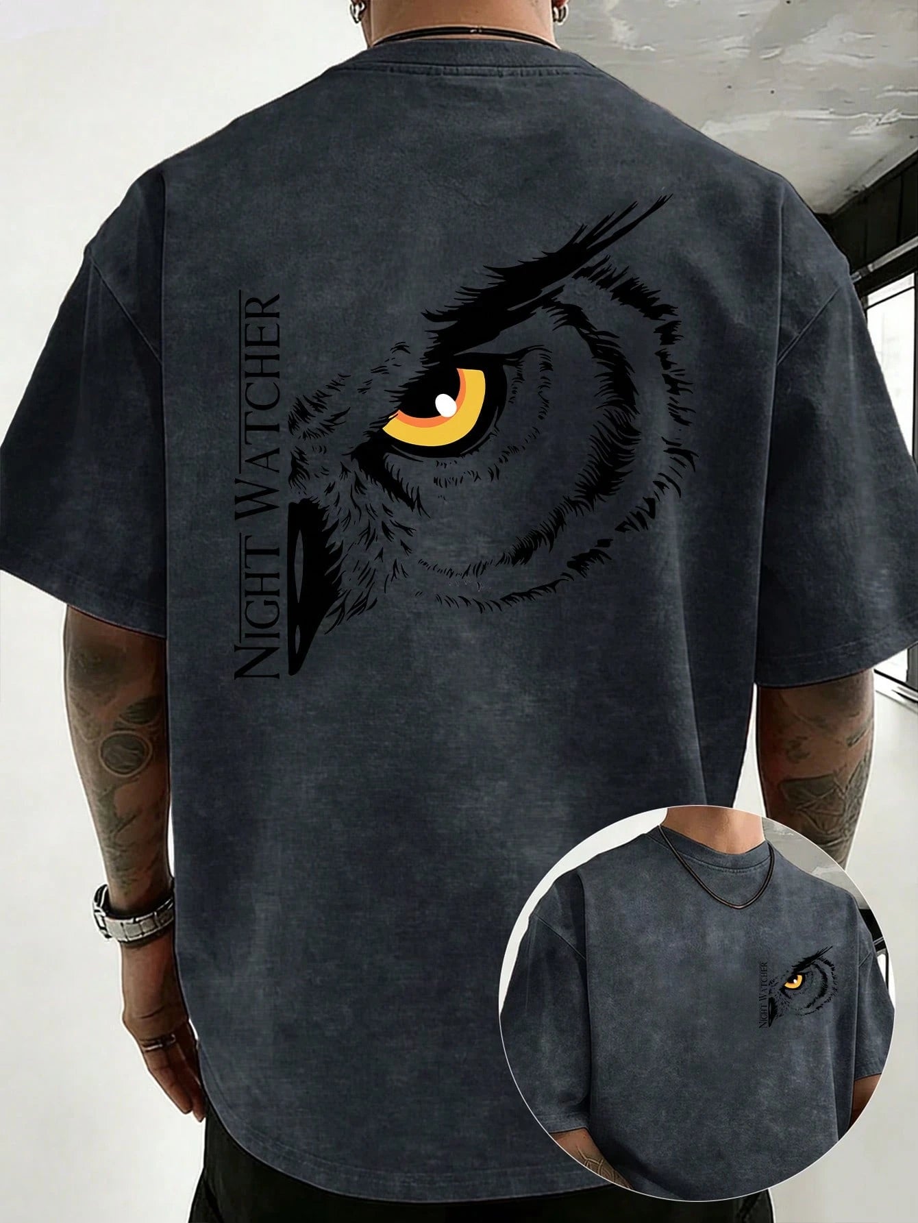 Men's short-sleeved t-shirt with owl, snow, and night patrol