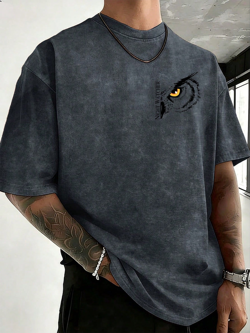 Men's short-sleeved t-shirt with owl, snow, and night patrol