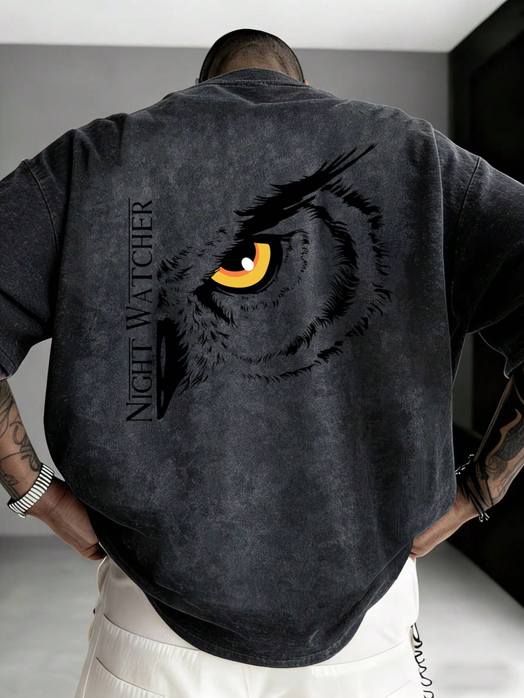 Men's short-sleeved t-shirt with owl, snow, and night patrol